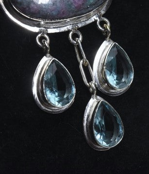 Ruby Fuschite and Kyanite with Blue Apatite Drops Sterling Silver Pendant