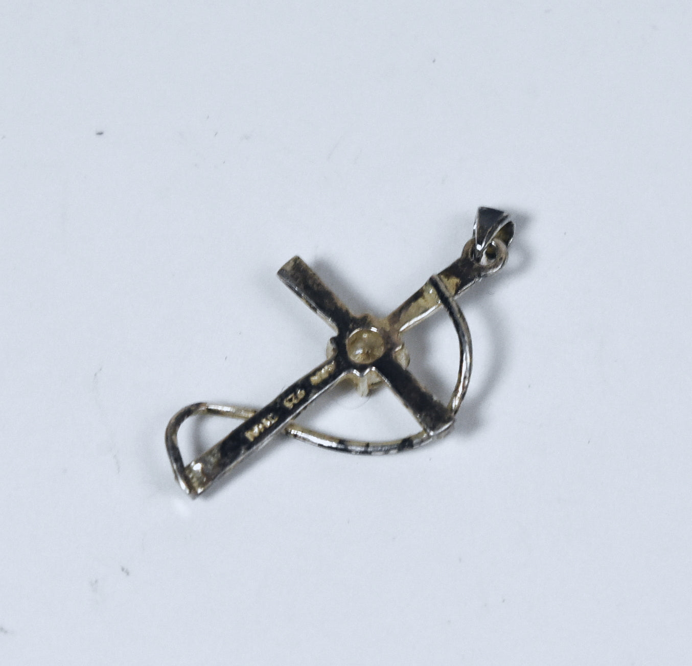 Vintage Sterling Silver Cross Pendant with Cut Rhinestone