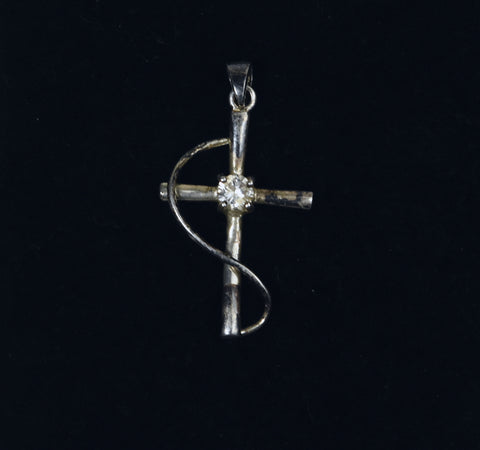 Vintage Sterling Silver Cross Pendant with Cut Rhinestone