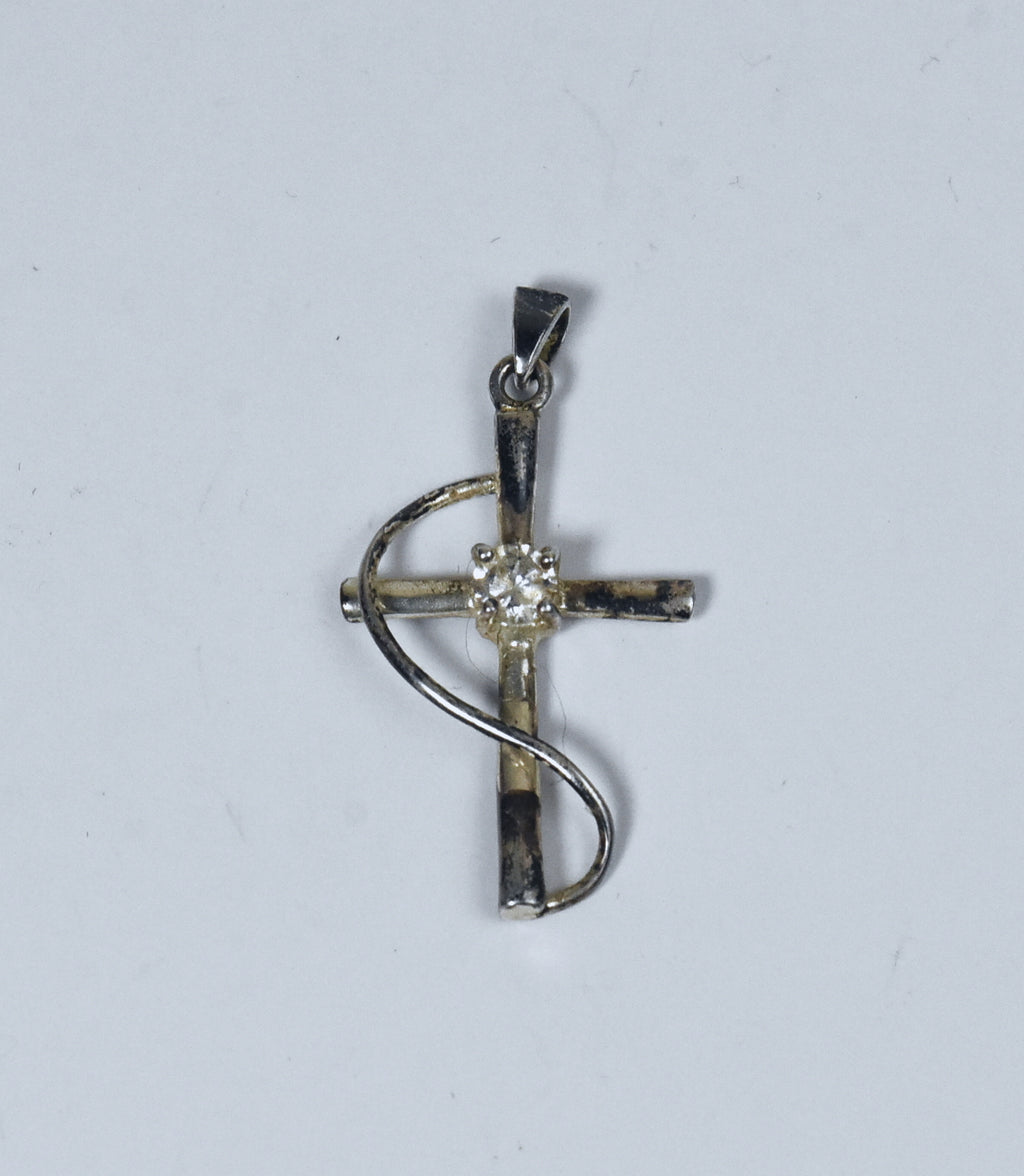 Vintage Sterling Silver Cross Pendant with Cut Rhinestone