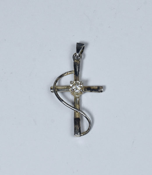 Vintage Sterling Silver Cross Pendant with Cut Rhinestone