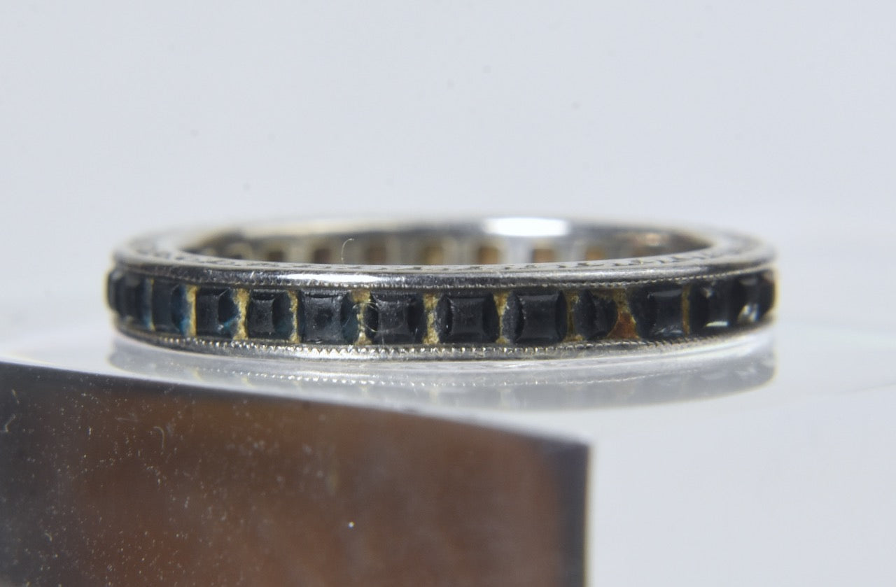 Vintage Sterling Silver Band with Channel Set Square Cut Teal Colored Stones - Size 6