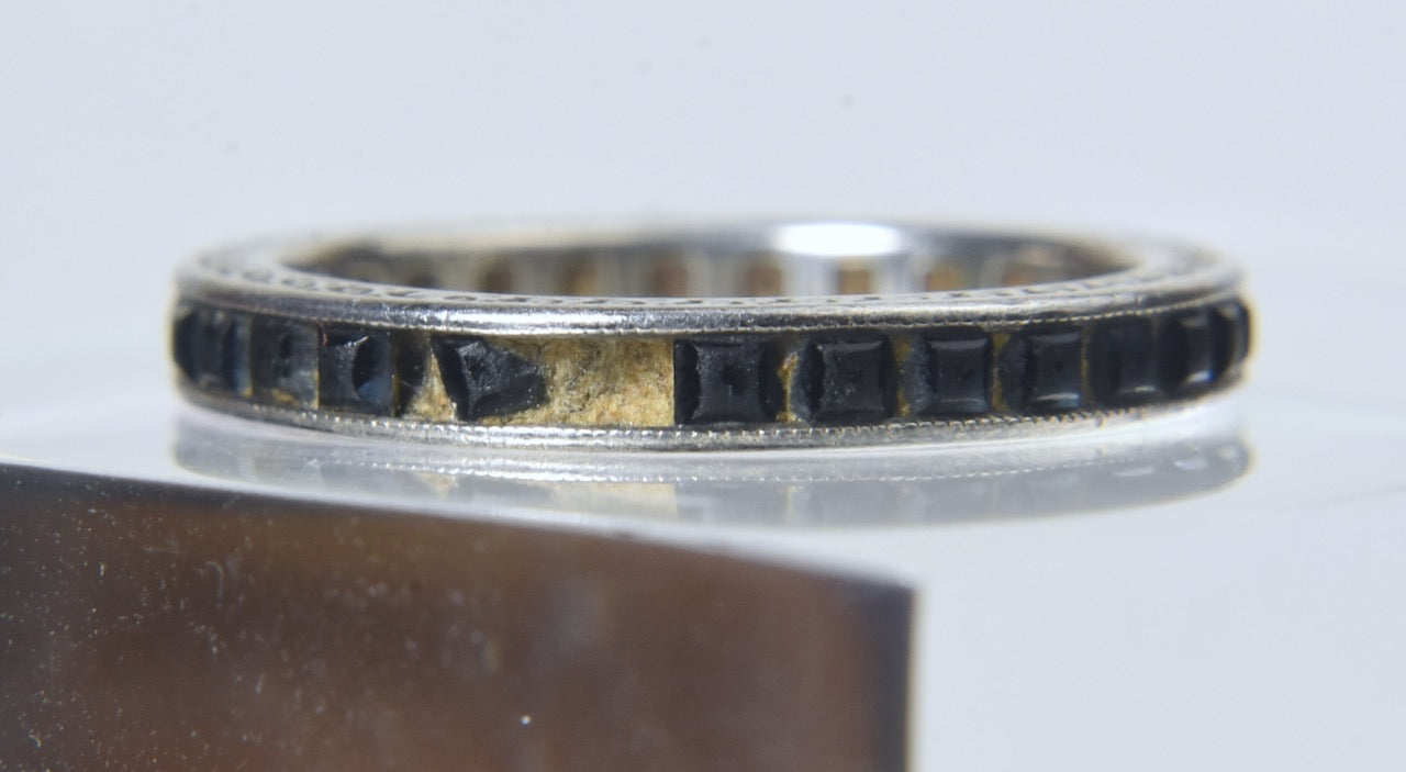 Vintage Sterling Silver Band with Channel Set Square Cut Teal Colored Stones - Size 6