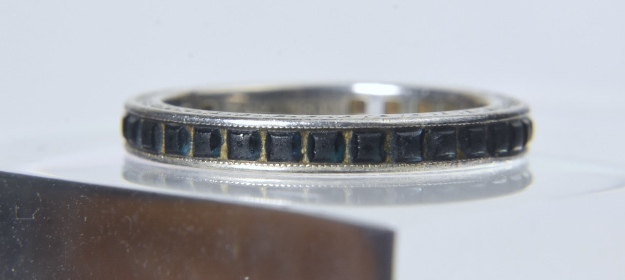 Vintage Sterling Silver Band with Channel Set Square Cut Teal Colored Stones - Size 6