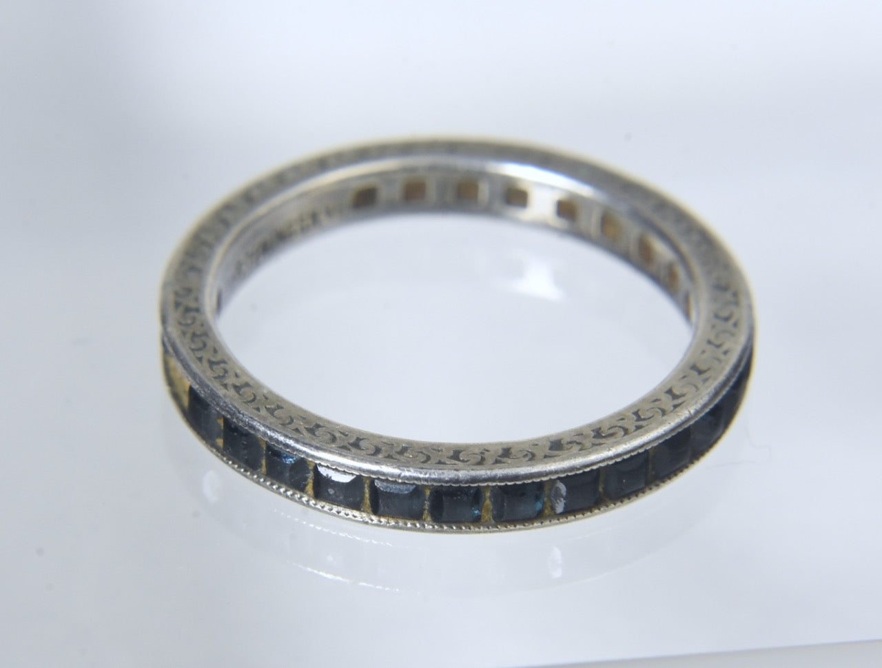 Vintage Sterling Silver Band with Channel Set Square Cut Teal Colored Stones - Size 6