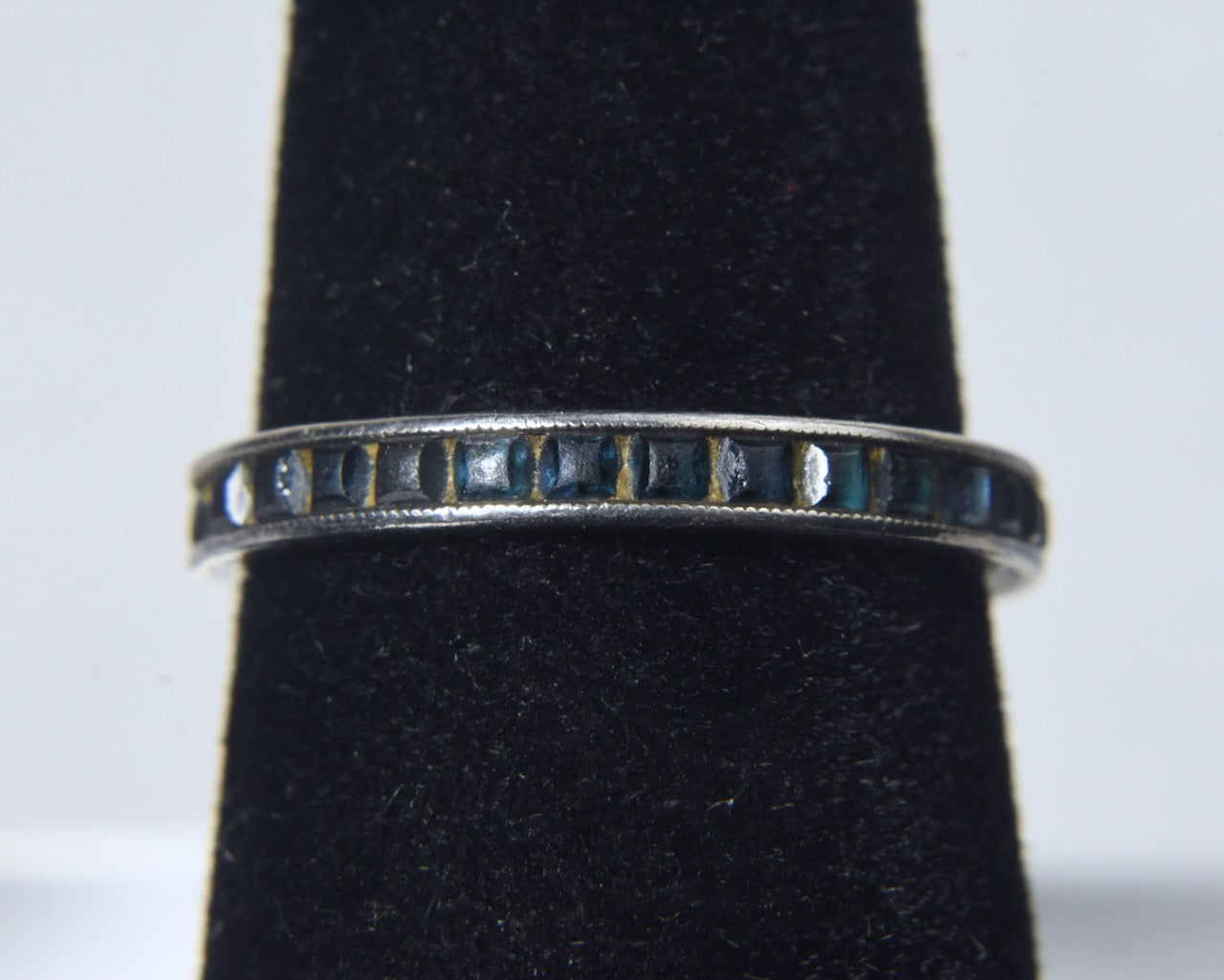 Vintage Sterling Silver Band with Channel Set Square Cut Teal Colored Stones - Size 6