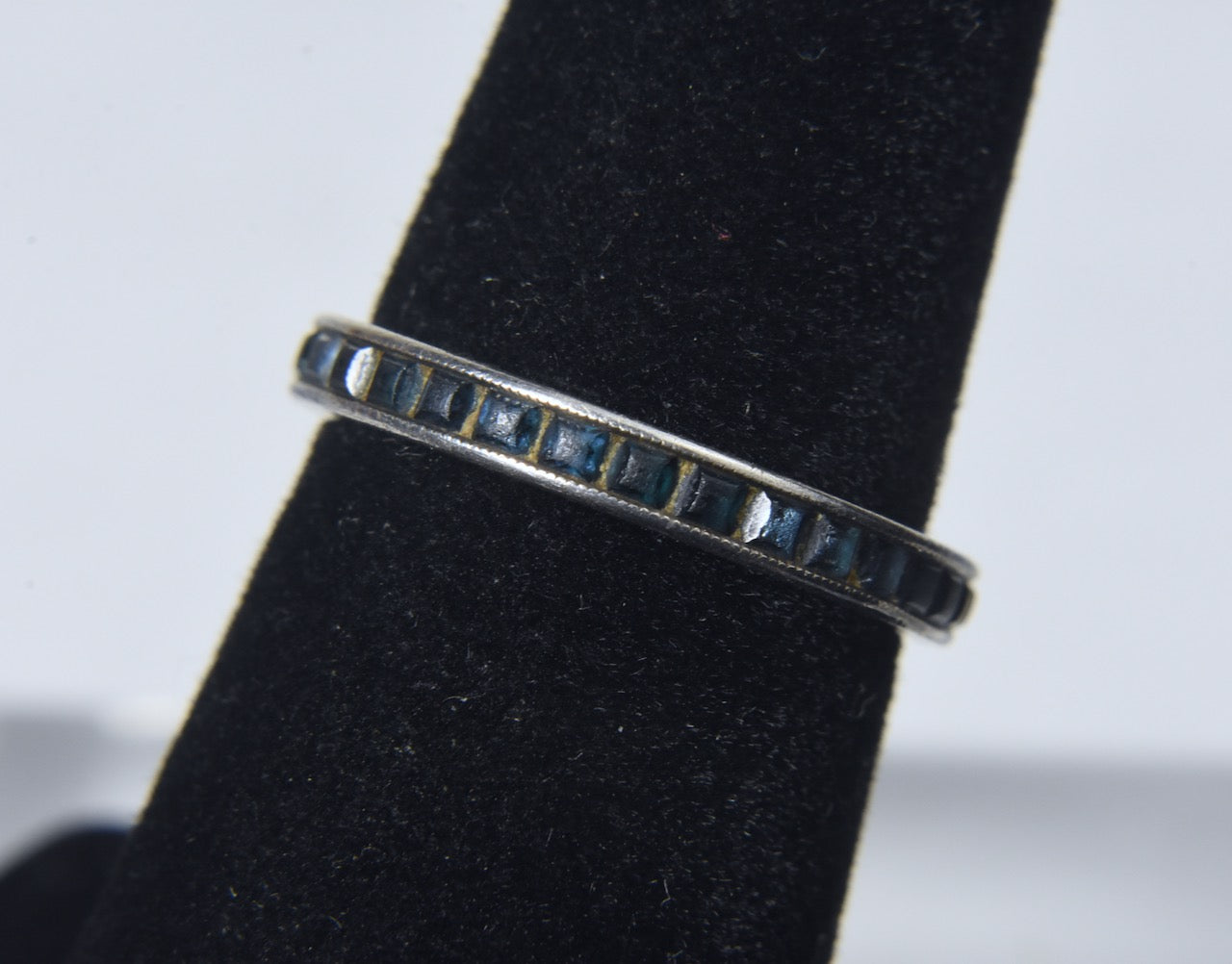 Vintage Sterling Silver Band with Channel Set Square Cut Teal Colored Stones - Size 6