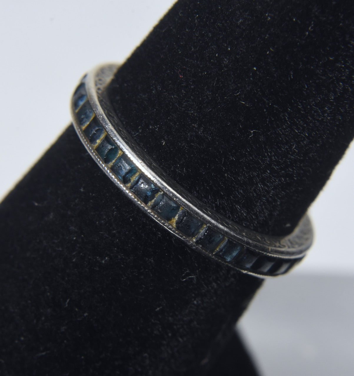 Vintage Sterling Silver Band with Channel Set Square Cut Teal Colored Stones - Size 6