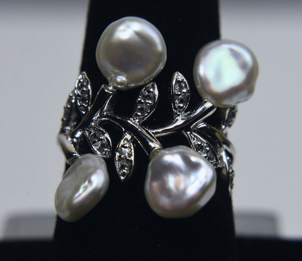 Sterling Silver Button Pearl Ring - Size 7.75