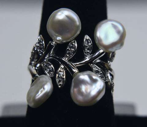 Sterling Silver Button Pearl Ring - Size 7.75
