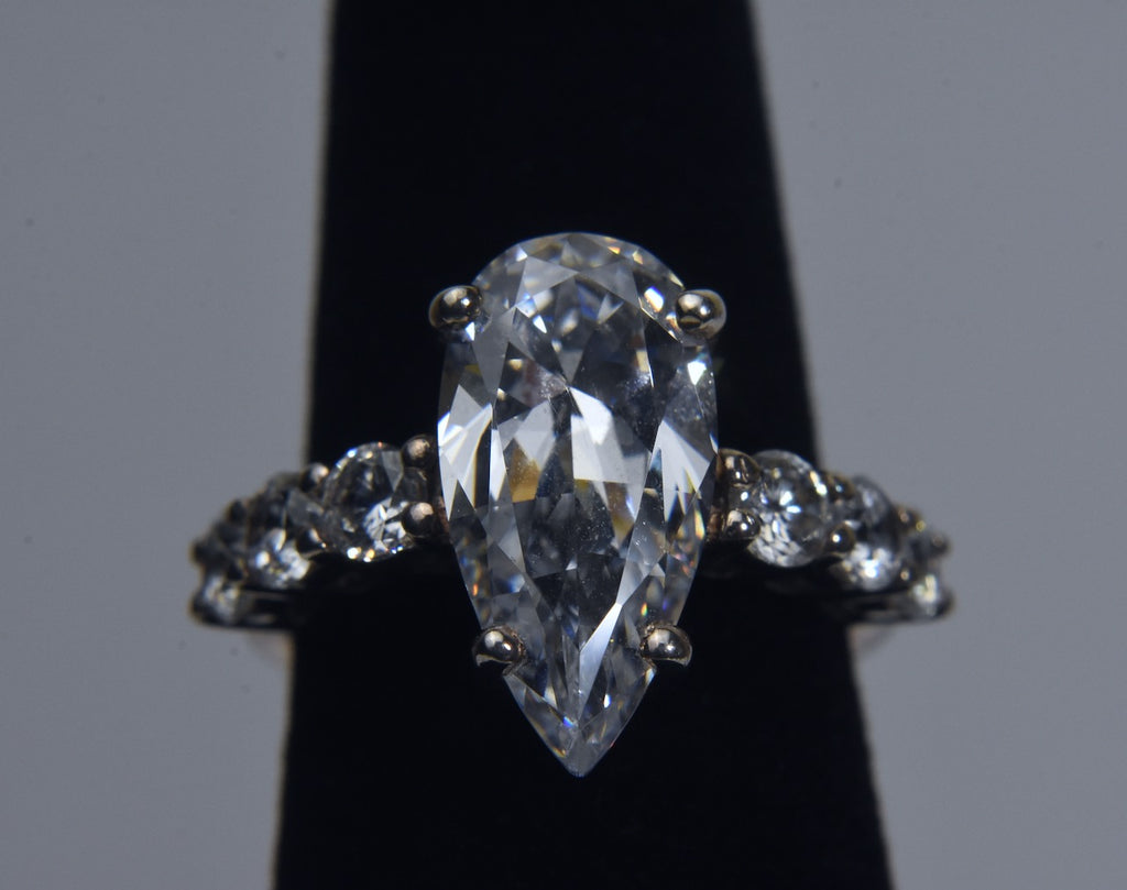 Large Pear Cut Cubic Zirconia Sterling Silver Ring - Size 6