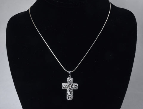 Sterling Silver Crucifix Pendant with Clear Stone on Sterling Silver Chain Necklace