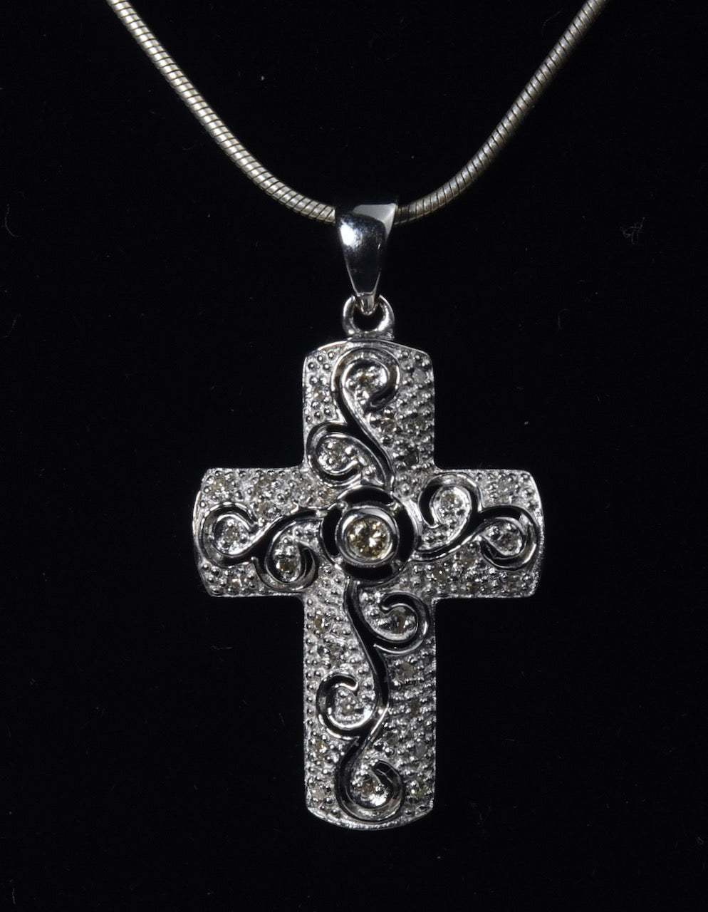 Sterling Silver Crucifix Pendant with Clear Stone on Sterling Silver Chain Necklace