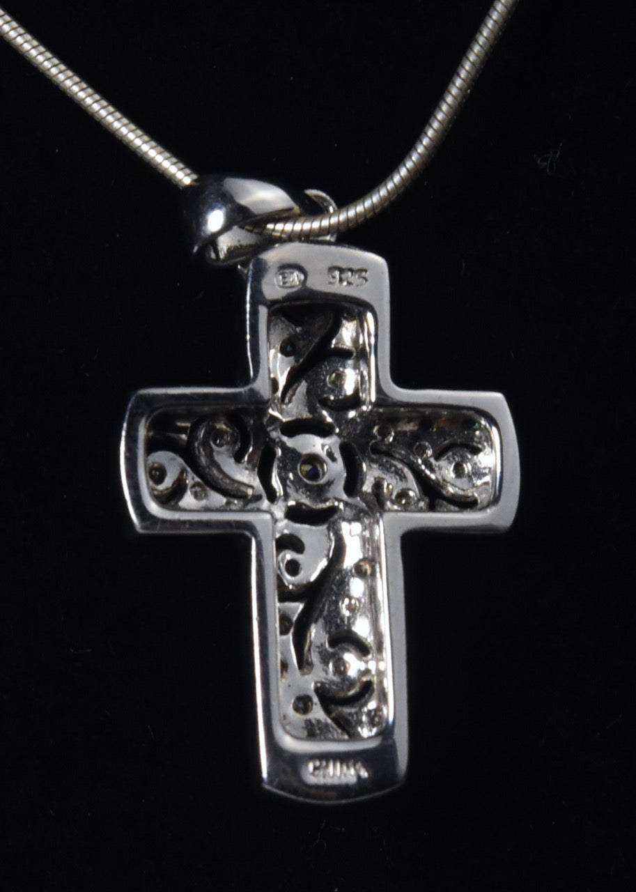 Sterling Silver Crucifix Pendant with Clear Stone on Sterling Silver Chain Necklace