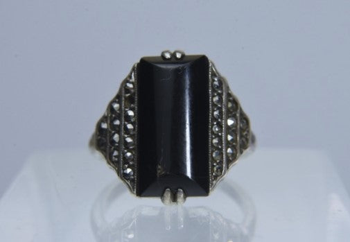 Vintage Sterling Silver Ebony Art Deco Ring - Size 6