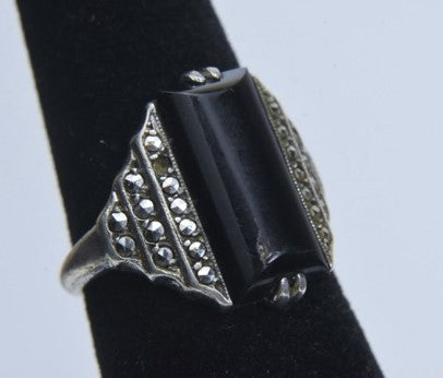 Vintage Sterling Silver Ebony Art Deco Ring - Size 6