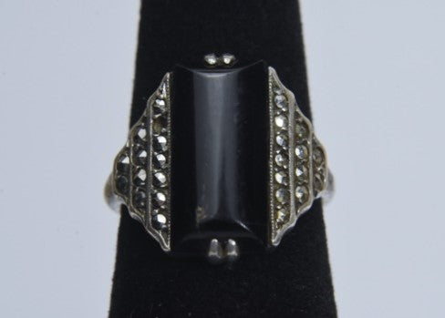 Vintage Sterling Silver Ebony Art Deco Ring - Size 6