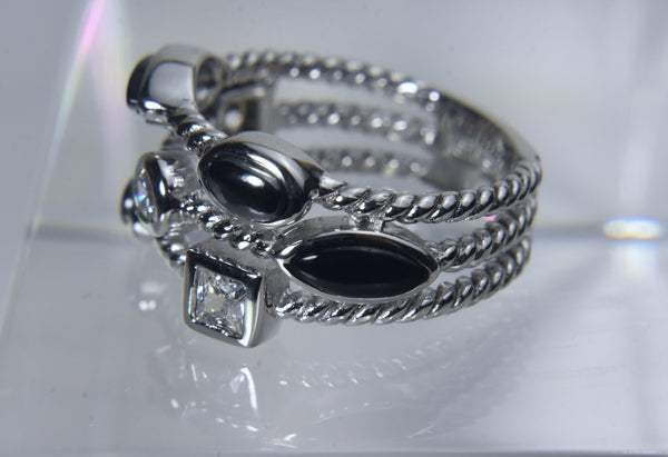 Sterling Silver Cubic Zirconia Black Onyx and Hematite Ring - Size 6