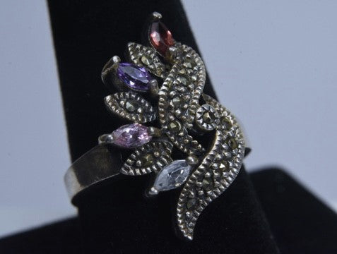 Sterling Silver Marcasite and Gemstone Ring - Size 9.25