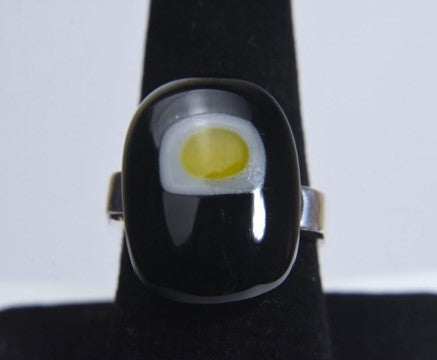 Abstract Sterling Silver Square Ring With Glass Egg - Size 8.5