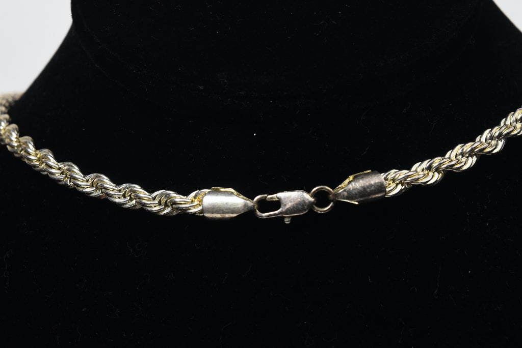 Heavy Sterling Silver Rope Chain Link Necklace with Silver Tone Simulated Kyanite Pendant - 24"