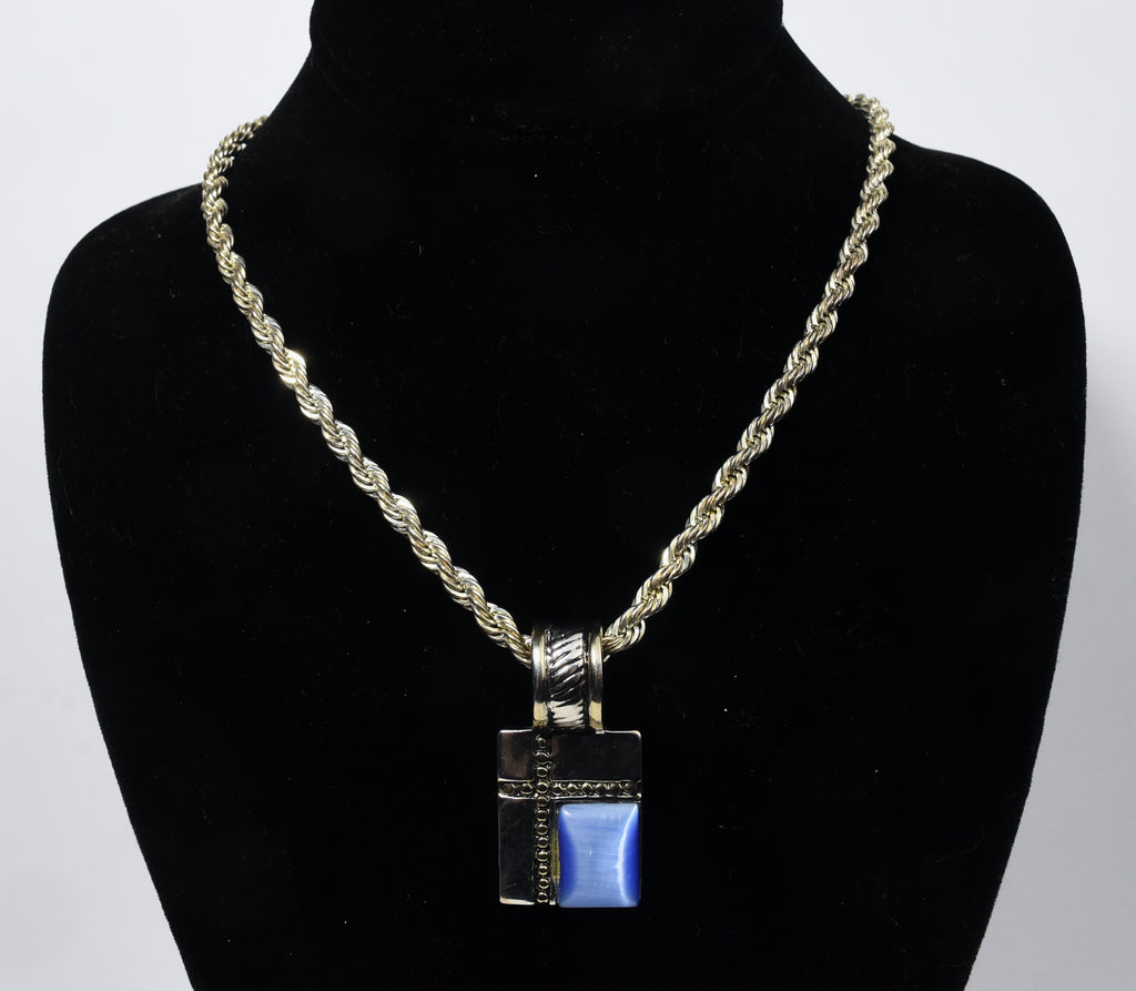 Heavy Sterling Silver Rope Chain Link Necklace with Silver Tone Simulated Kyanite Pendant - 24"