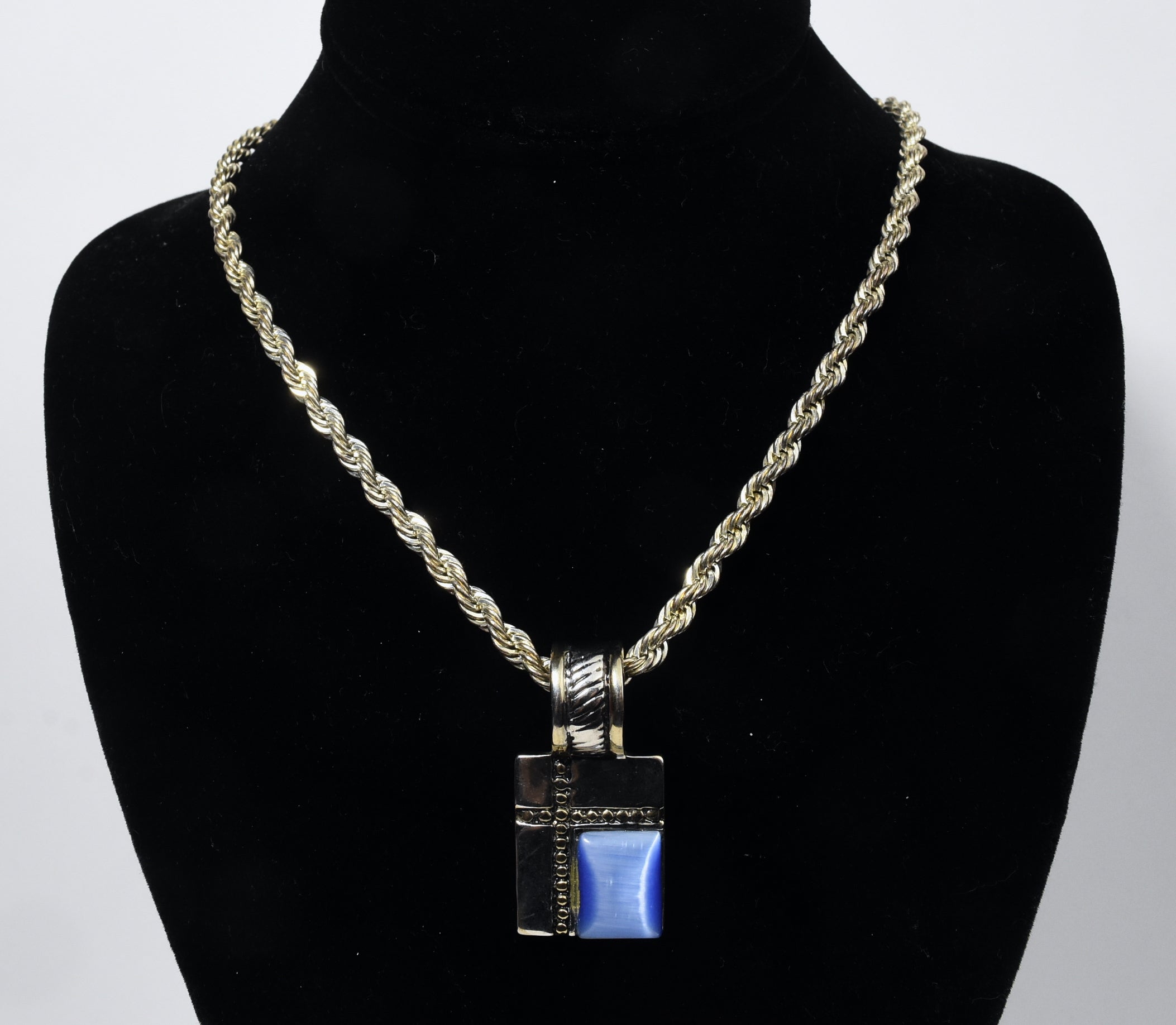 Heavy Sterling Silver Rope Chain Link Necklace with Silver Tone Simulated Kyanite Pendant - 24"