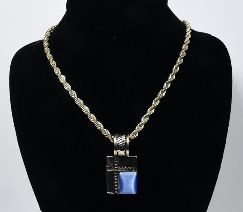 Heavy Sterling Silver Rope Chain Link Necklace with Silver Tone Simulated Kyanite Pendant - 24"