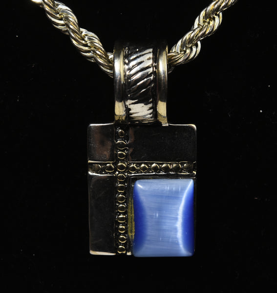 Heavy Sterling Silver Rope Chain Link Necklace with Silver Tone Simulated Kyanite Pendant - 24"