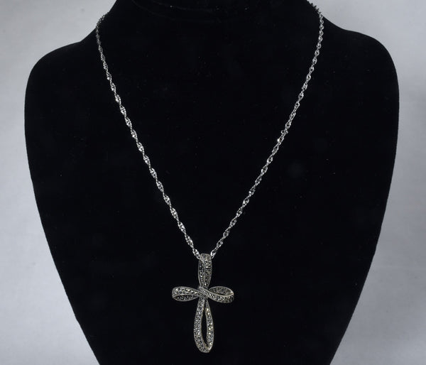 Sterling Silver and Marcasite Twisted Crucifix on Italian Sterling Silver Twisted Rope Chain Necklace