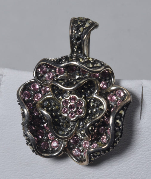 Sterling Silver Marcasite and Pink Stone Flower Hinged Pendant