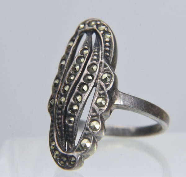 Sterling Silver Marcasite Pierced Design Ring - Size 8.25