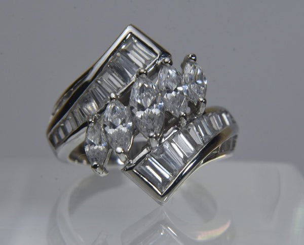 Sterling Silver Marquise and Baguette Cut Cubic Zirconia Ring - Size 6