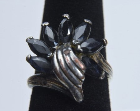 Vintage Sterling Silver Marquise Cut Sapphire Ring - Size 6.5