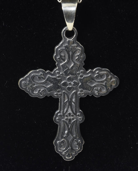 Sterling Silver Engraved Design Crucifix Pendant on Sterling Silver Chain Necklace