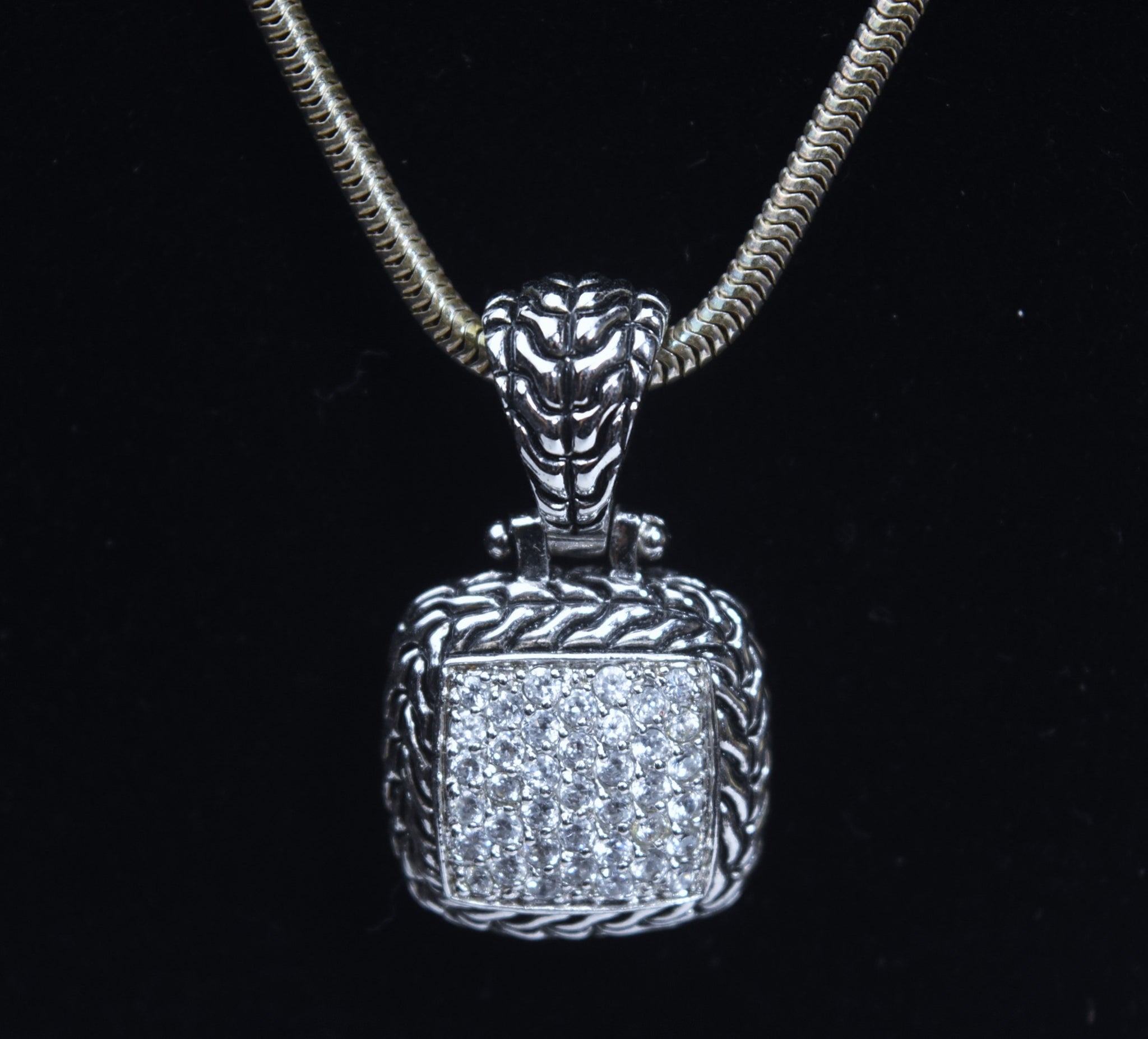 Sterling Silver Pave Set Crystal Pendant on Sterling Silver Serpentine Link Chain Necklace