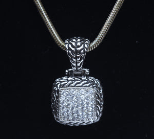 Sterling Silver Pave Set Crystal Pendant on Sterling Silver Serpentine Link Chain Necklace