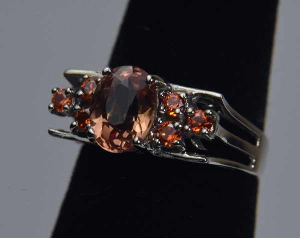 Synthetic Padparadscha Sapphire and Fire Opal Sterling Silver Ring - Size 6.25