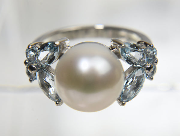 Sterling Silver Pearl Ring with Blue Stones - Size 8