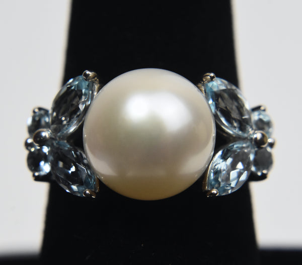 Sterling Silver Pearl Ring with Blue Stones - Size 8