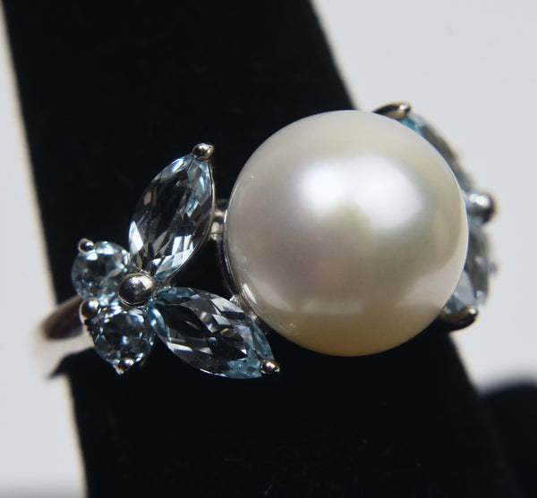 Sterling Silver Pearl Ring with Blue Stones - Size 8