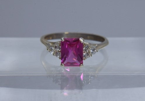 Sterling Silver Synthetic Pink Sapphire Ring - Size 8.25