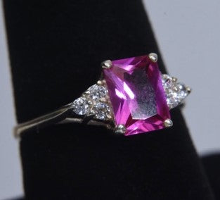 Sterling Silver Synthetic Pink Sapphire Ring - Size 8.25