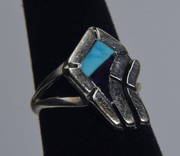 Ronald James Henry - Navajo Abstract Sterling Silver Turquoise & Sugilite Ring - Size 5