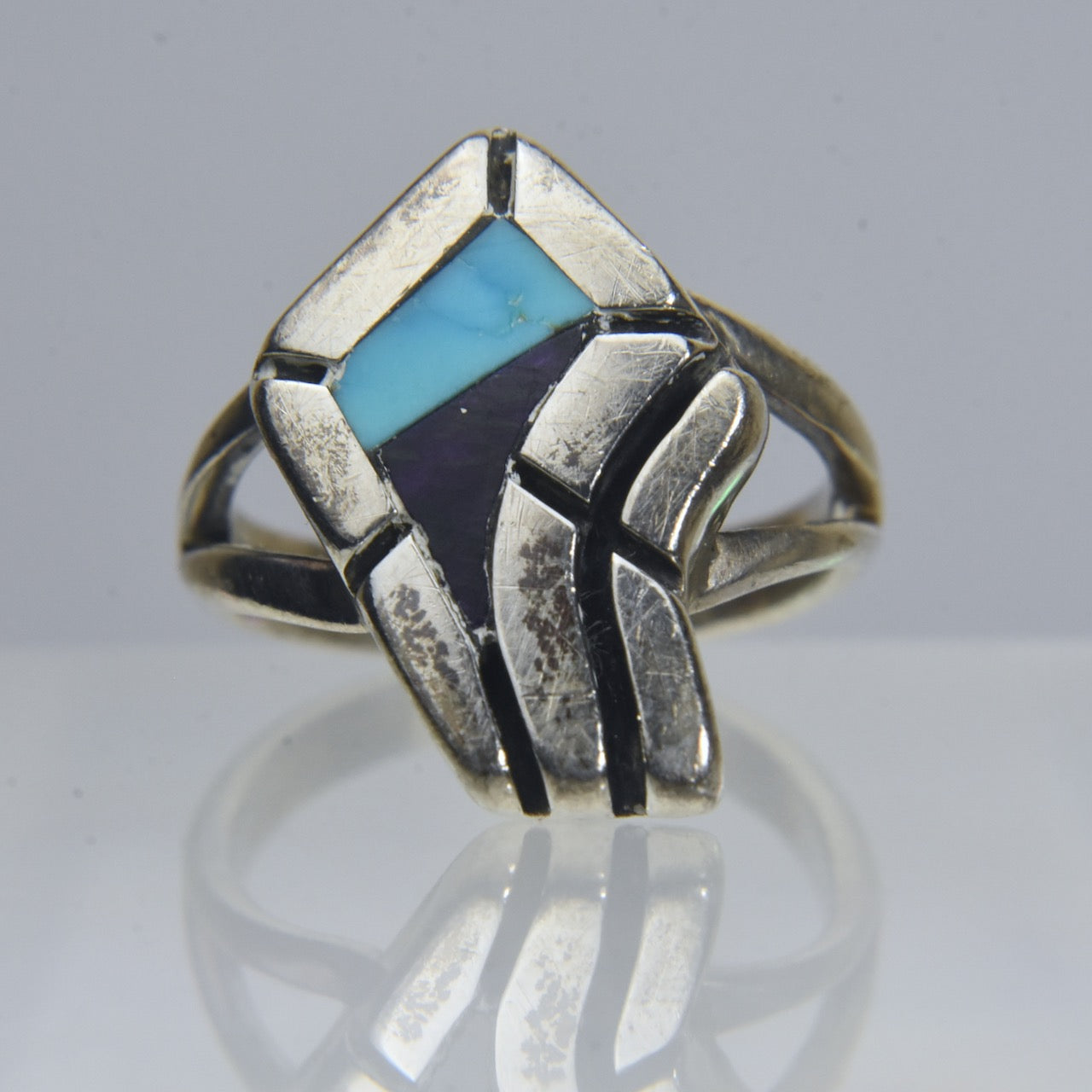 Ronald James Henry - Navajo Abstract Sterling Silver Turquoise & Sugilite Ring - Size 5