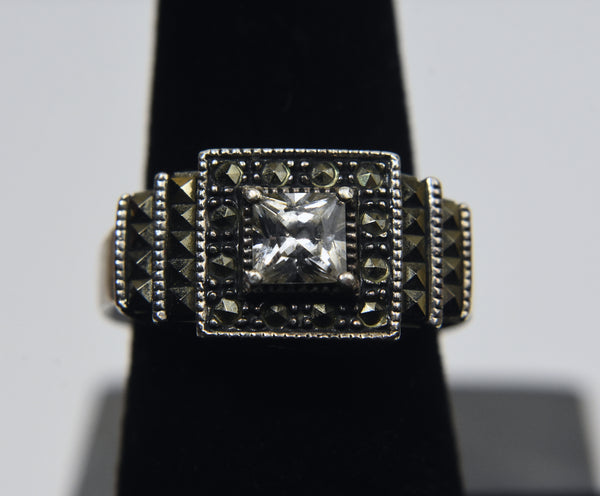 Judith Jack - Sterling Silver Rhinestone and Marcasite Art Deco Ring - Size 7