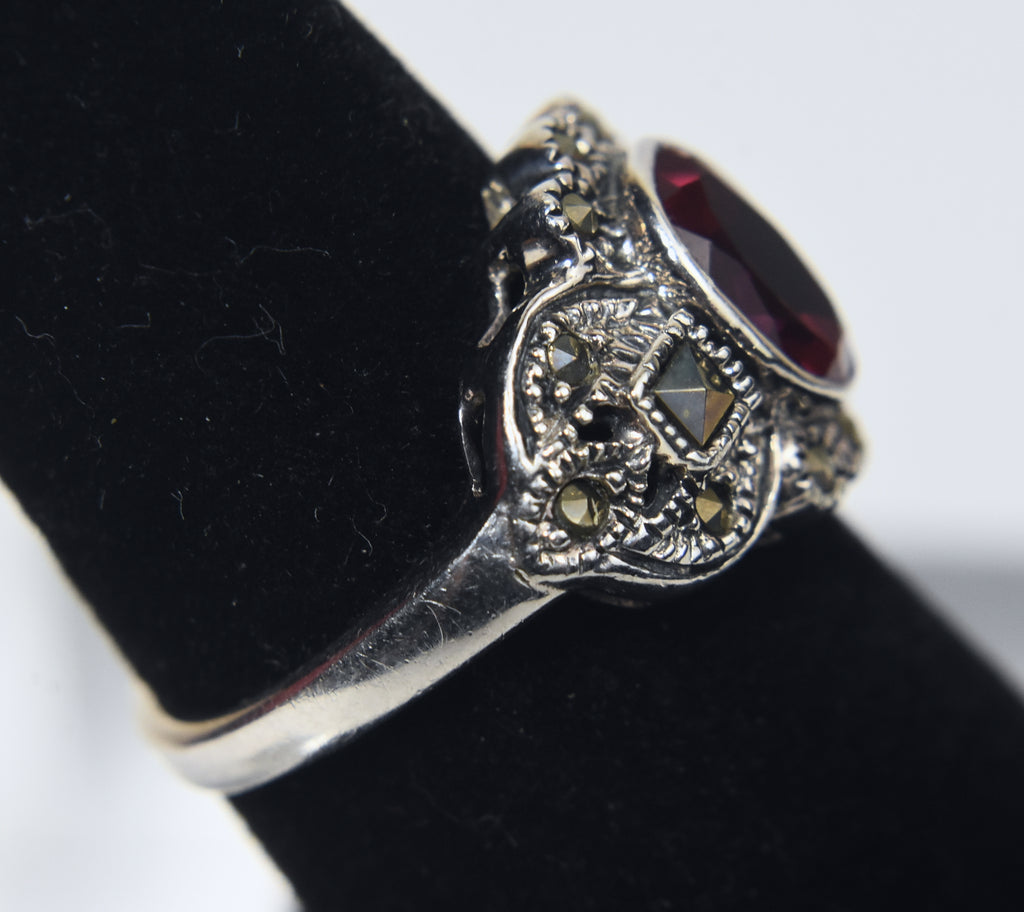 Sterling Silver Art Deco Synthetic Ruby and Marcasite Ring - Size 5.75
