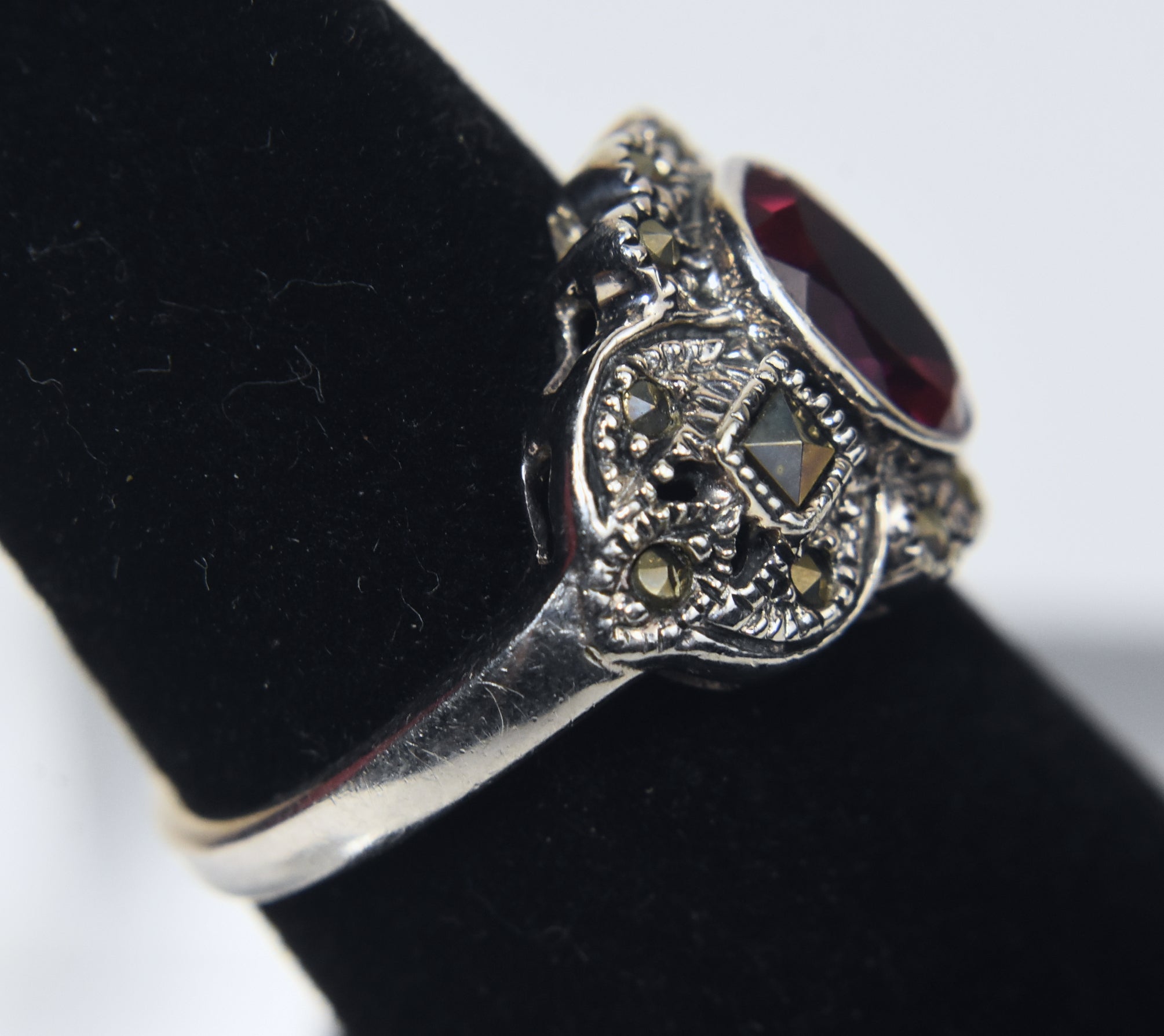 Sterling Silver Art Deco Synthetic Ruby and Marcasite Ring - Size 5.75