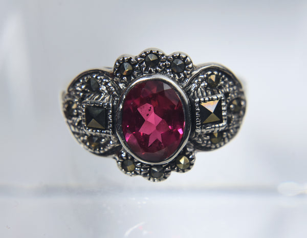 Sterling Silver Art Deco Synthetic Ruby and Marcasite Ring - Size 5.75