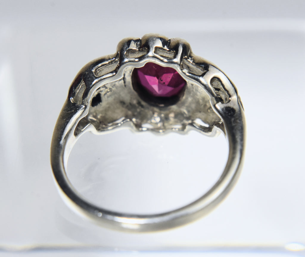Sterling Silver Art Deco Synthetic Ruby and Marcasite Ring - Size 5.75